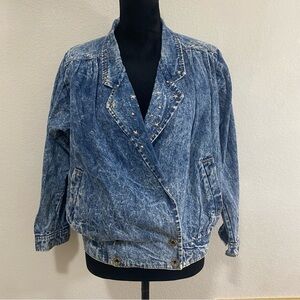 Vintage 80s Acid Wash Moto Style Women's Jean Jacket, Studded, Flaw- Small Stain